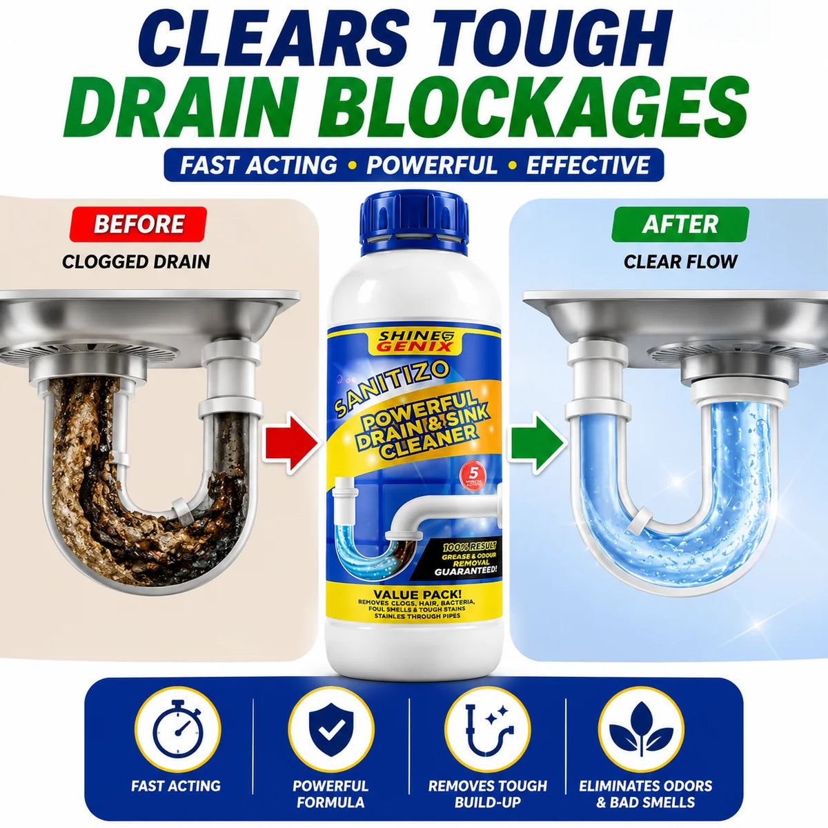 (Buy 1 Get 3 Free) Drain Cleaner Powder Sink & Pipe Blockage Cleaner – Fast Acting Drainage Block Remover for Kitchen Sink