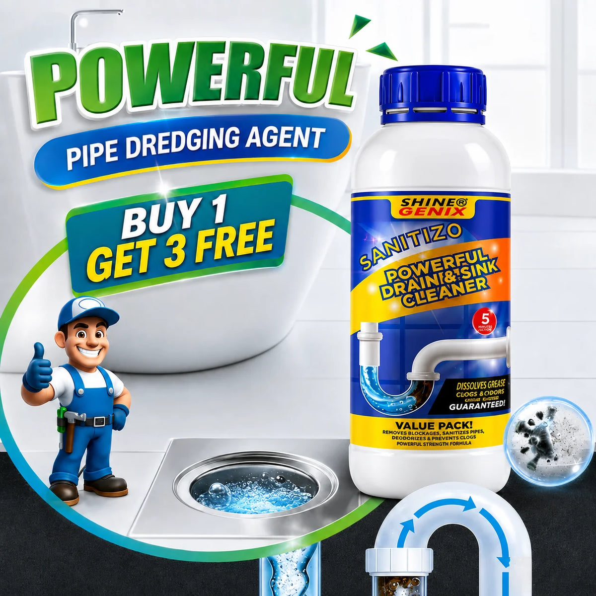 (Buy 1 Get 3 Free) Drain Cleaner Powder Sink & Pipe Blockage Cleaner – Fast Acting Drainage Block Remover for Kitchen Sink
